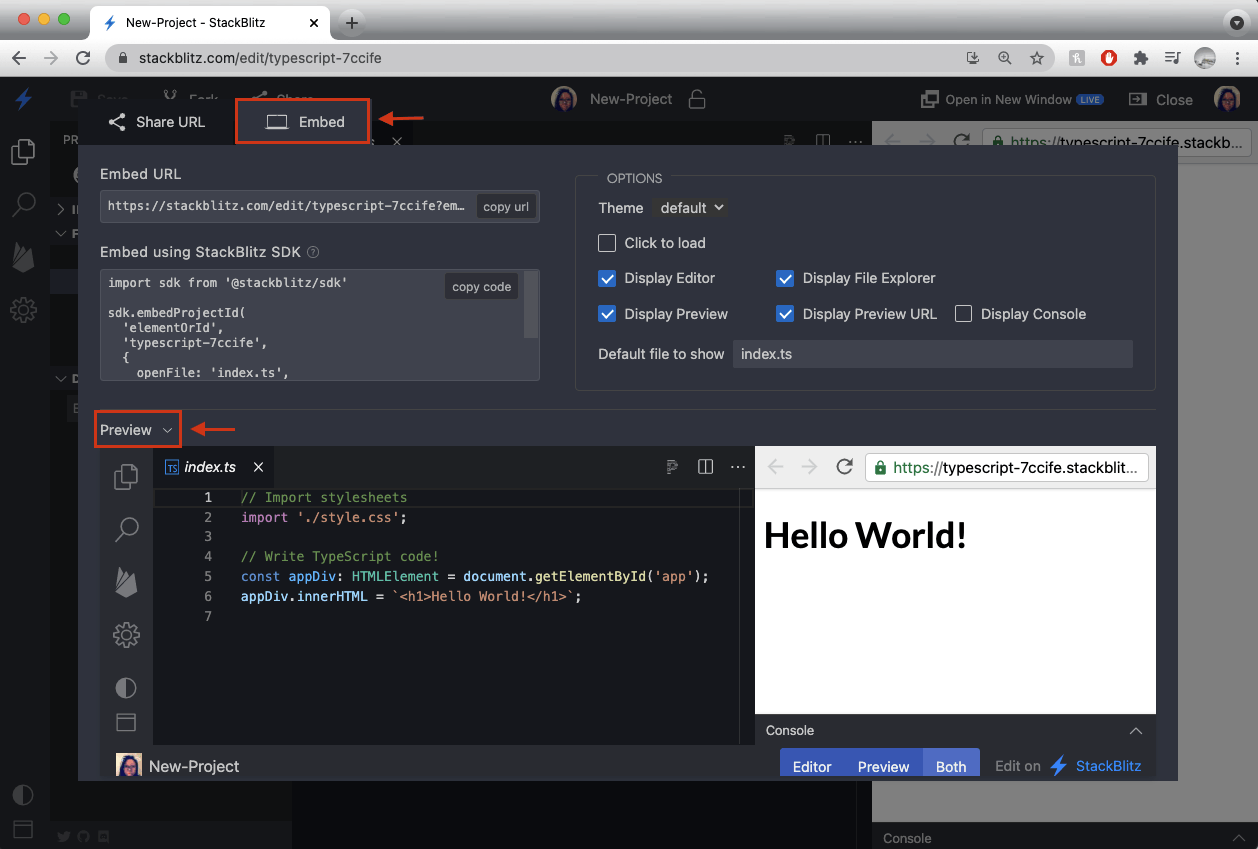 Embed and Preview tabs in StackBlitz Editor